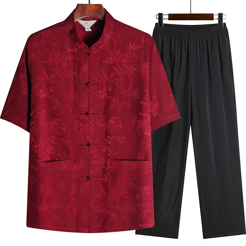 香云纱唐装男士短袖上衣桑蚕丝男中式夏装中老年人衬衫爸爸装套装