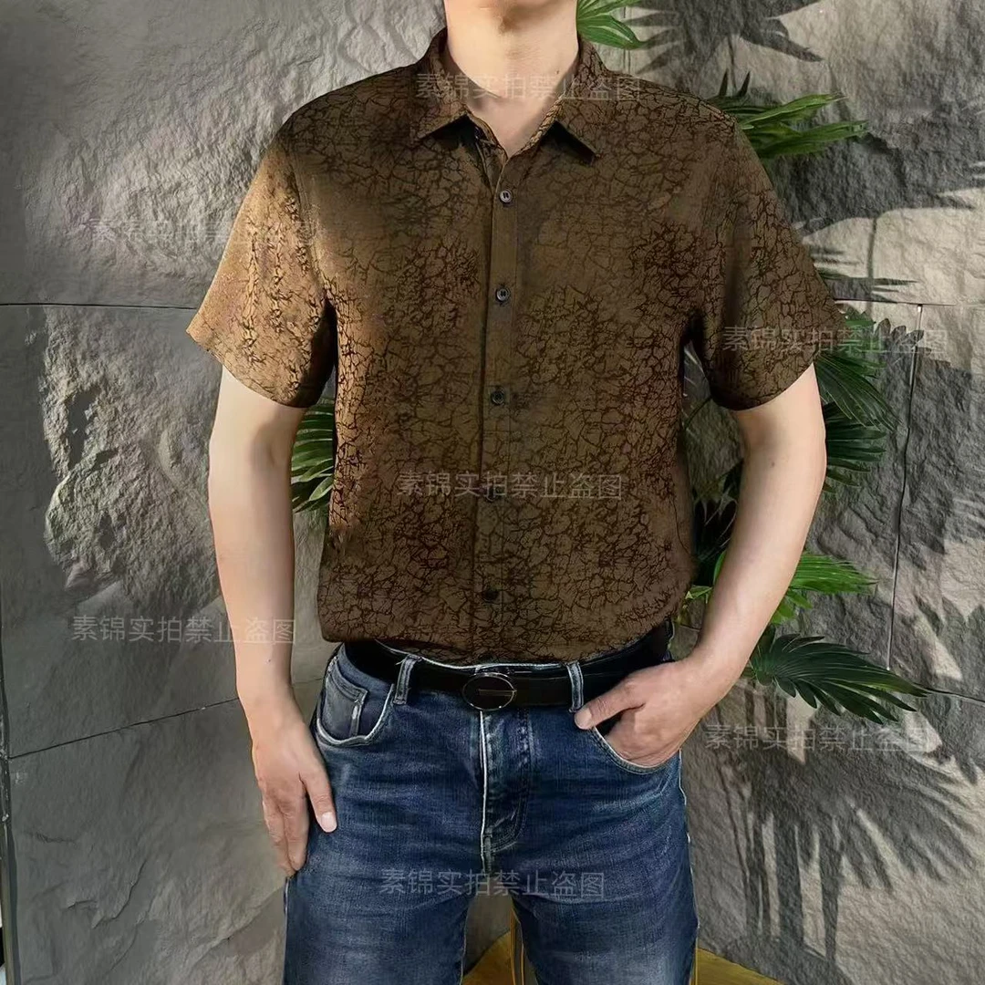 【裳墨香云纱】百分百桑蚕丝时尚休闲夏季百搭潮流翻领短袖衬衫薄款