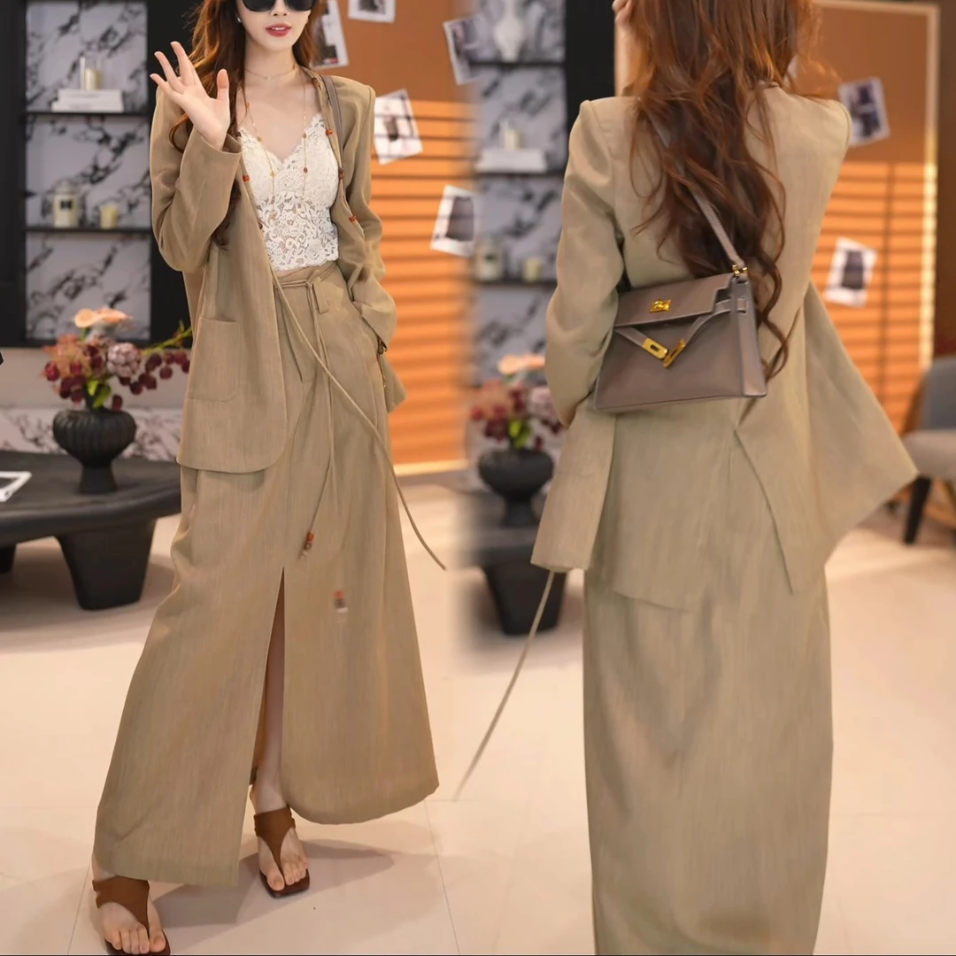 2025年早秋新款时尚气质设计感西装外套开叉半身裙休闲两件套装女