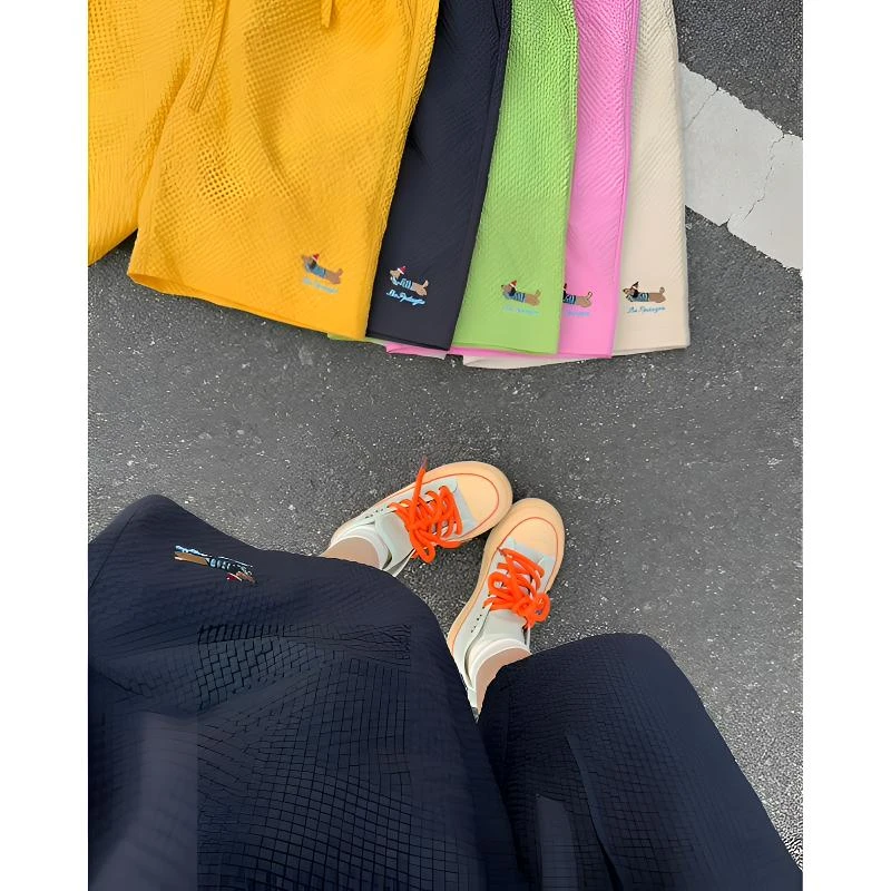 潮流腊肠狗多巴胺短裤男夏泡泡纱刺绣宽松休闲五分裤外穿运动中裤