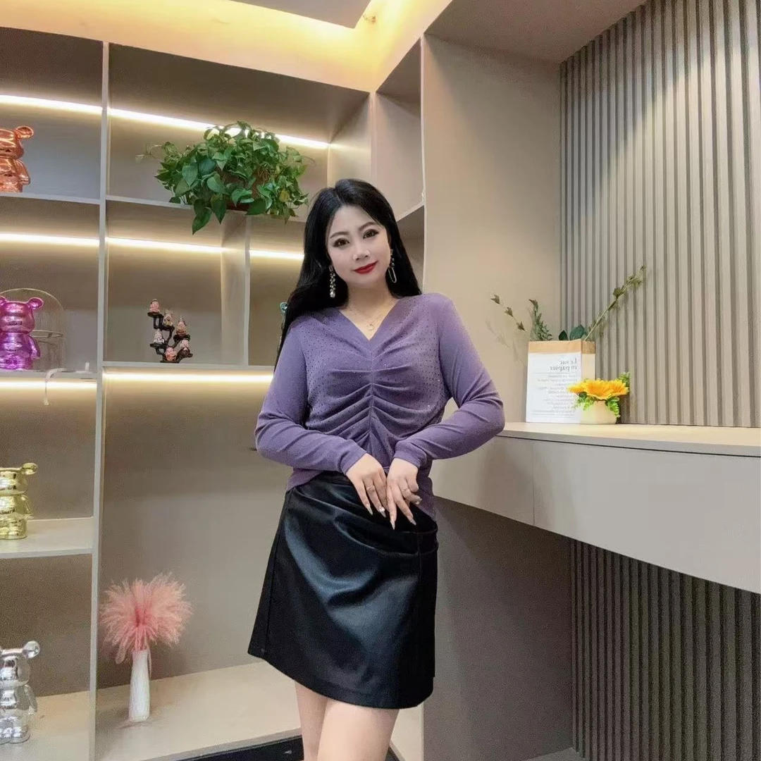 冬季上衣-酷 3185时尚气质拿褶亮闪显瘦百搭设计胖MM大码女装新款