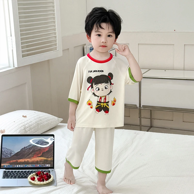 男童睡衣薄款夏季莫代尔2025新款宝宝男孩儿童春秋家居空调服哪吒