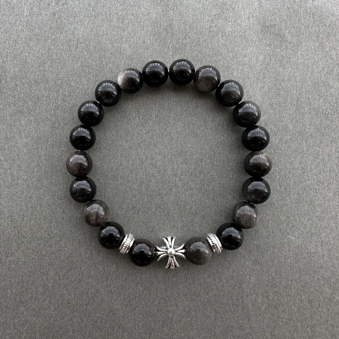 银曜石天然手串情侣手链男女简约百搭黑色精致高级小众素款潮流串