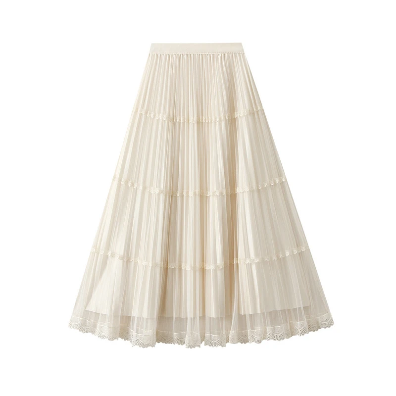 两面穿蕾丝拼接百褶半身裙女春季新款中长款显瘦纱裙a字裙子A字