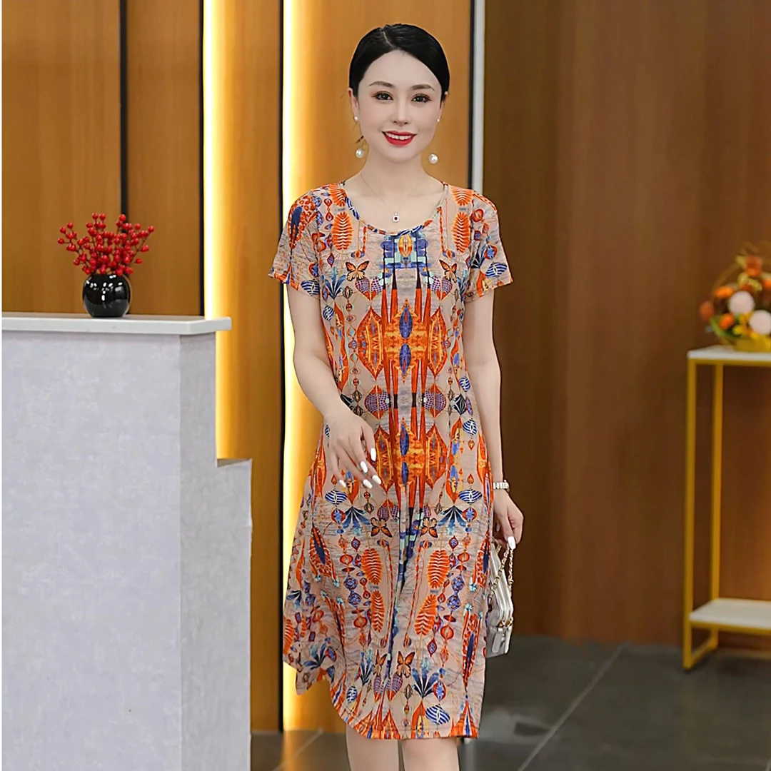 2025花色连衣裙女中长款裙子大摆裙到脚踝长裙夏妈妈裙气质夏季