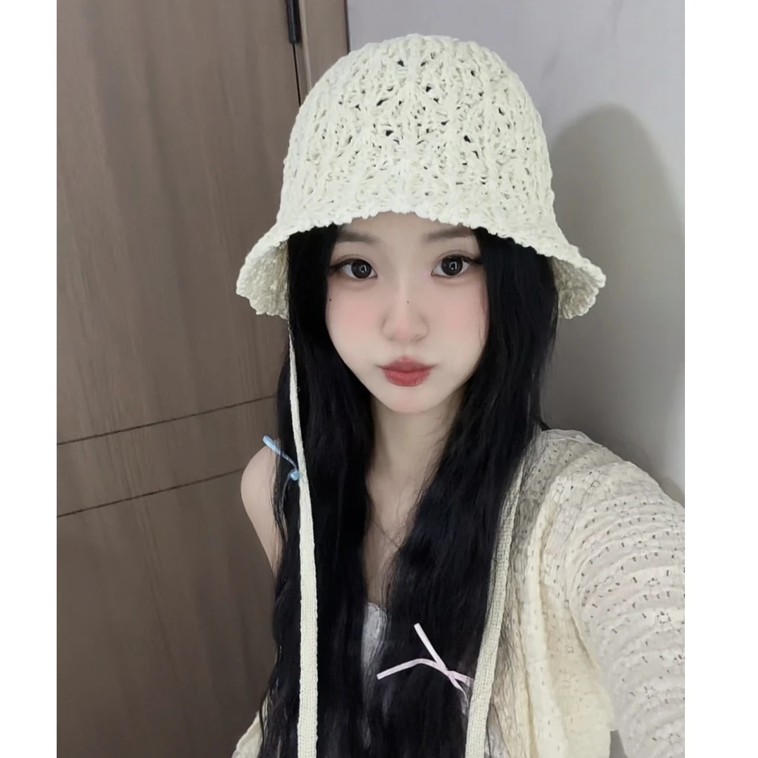 森系简约渔夫帽显脸小 镂空针织系带女春夏新款遮阳防晒帽水桶帽