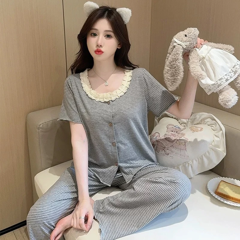 睡衣女夏季新款纯棉短袖长裤时尚可外穿休闲家居服（蕾丝花边条纹）