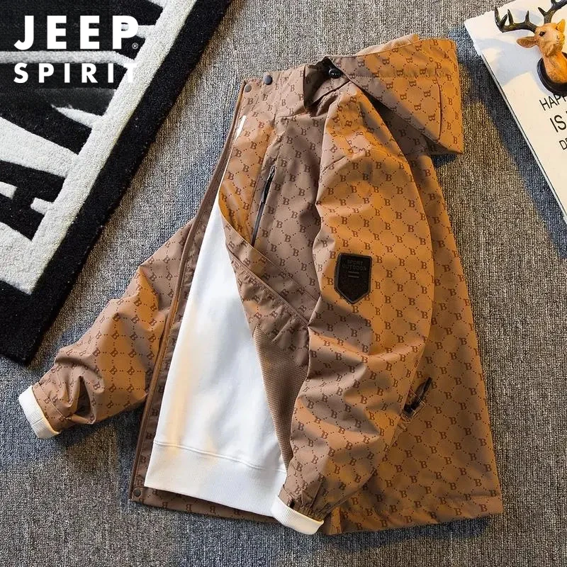 JEEPSPIRIT春秋季休闲男外套薄款男士宽松新款连帽满印花夹克上衣