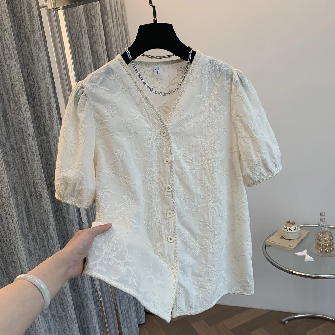 【全额运费补贴】简约气质休闲小众麦穗刺绣衬衫女装米白色短袖通勤
