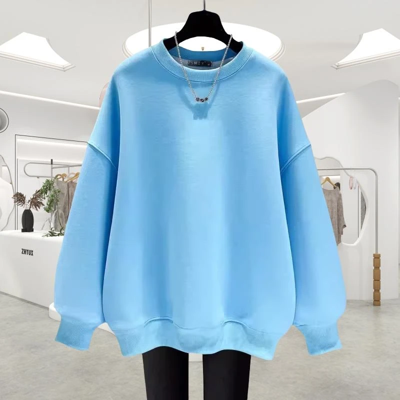 baby蓝圆领卫衣女纯色2025新款爆款秋冬加绒加厚潮牌情侣上衣打底