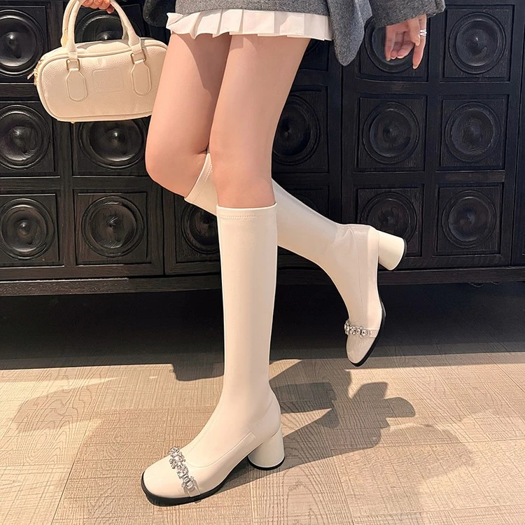 秋冬皮靴漆皮亮皮圆头粗跟高跟高筒靴女白色靴子瘦瘦靴真皮靴JXW