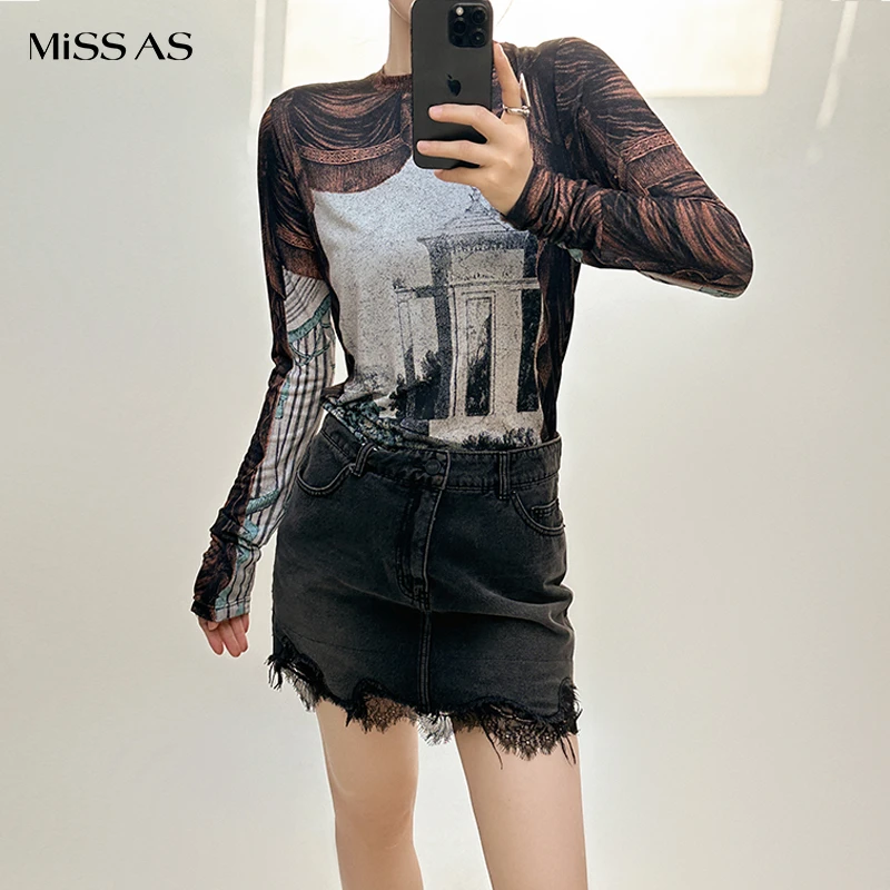 【YCH】休闲百搭花园印花合身T恤上衣女款春夏新品