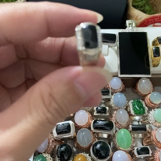 九***堂翡翠戒指银S925镶嵌缅甸天然A货翡翠