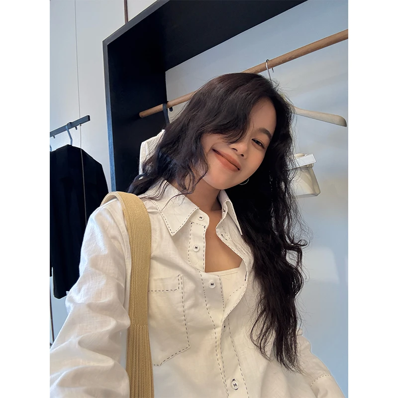 Seyora【浅云】高智感撞色手工走线翻领单排扣亚麻棉衬衫C34326SY52