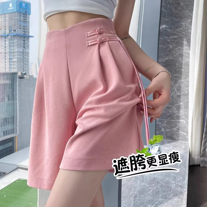 浅粉色新中式盘扣冰丝短裤女夏季薄款高腰a字版显瘦国风阔腿裤子