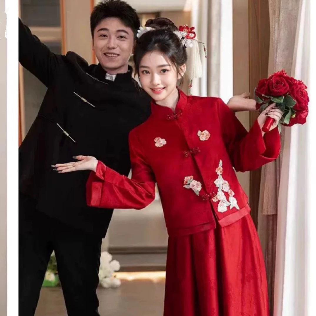 中式敬酒服新娘结婚秀禾服孕妇遮肚酒红色长袖订婚出阁宴礼服大码