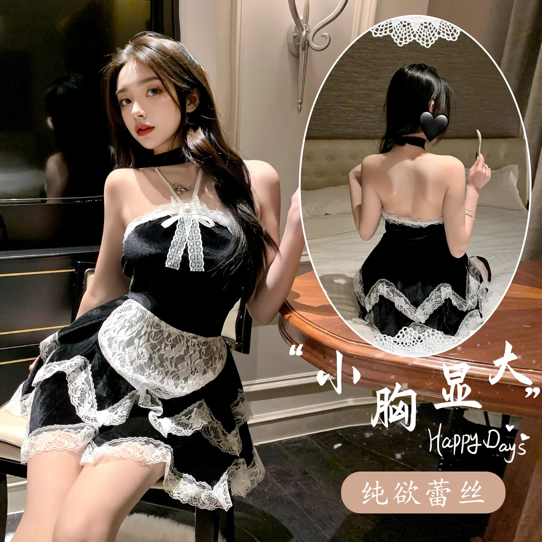 [桃涩甄选]甜美纯欲挂脖拼接蕾丝抹胸丝绒蛋糕裙