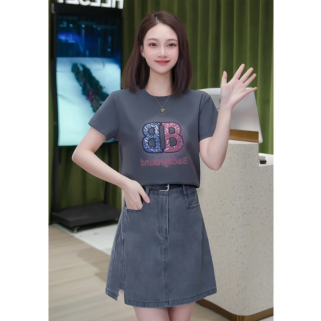 艾格2025年新款显瘦彩色B字母气质短袖T恤时尚休闲百搭春夏季修身