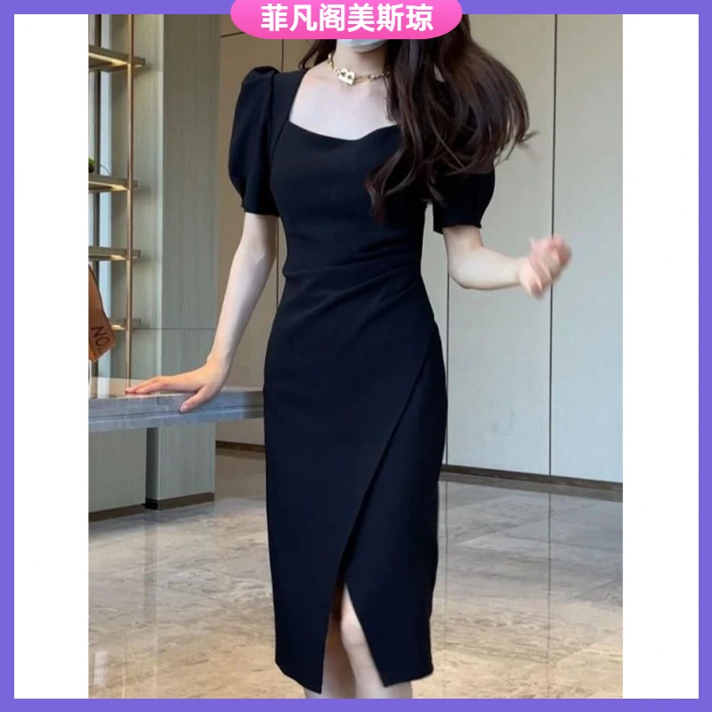 I2025气质收腰法式方领连衣裙夏季修身显瘦包臀开叉长款裙子潮l