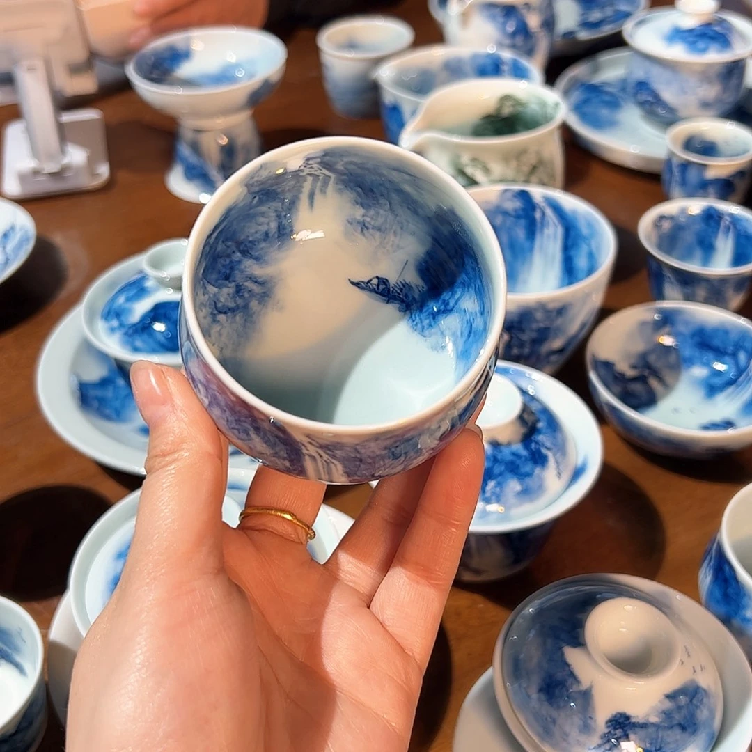 杯︶****]青花手绘山水主人杯