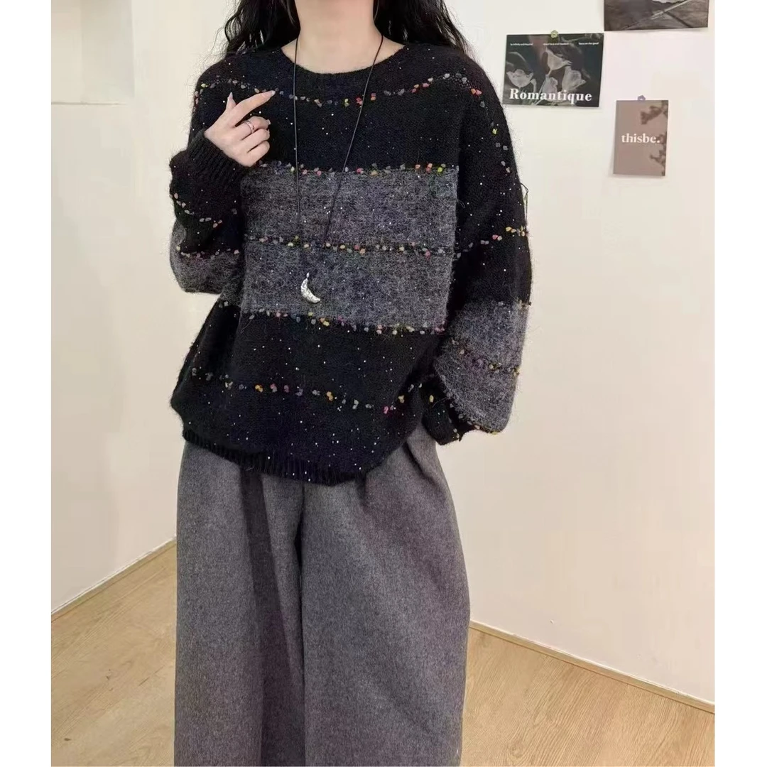 HMY5091909 2025新款慵懒风宽松彩点带亮片宽条纹圆领毛衣