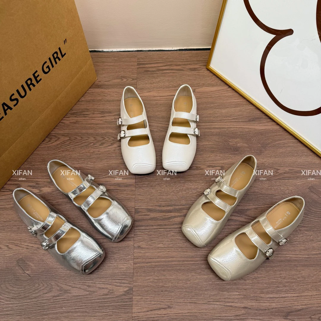 【喜番】2025新款气质法式修面皮浅口方头纯色平底单鞋软底女鞋鞋子