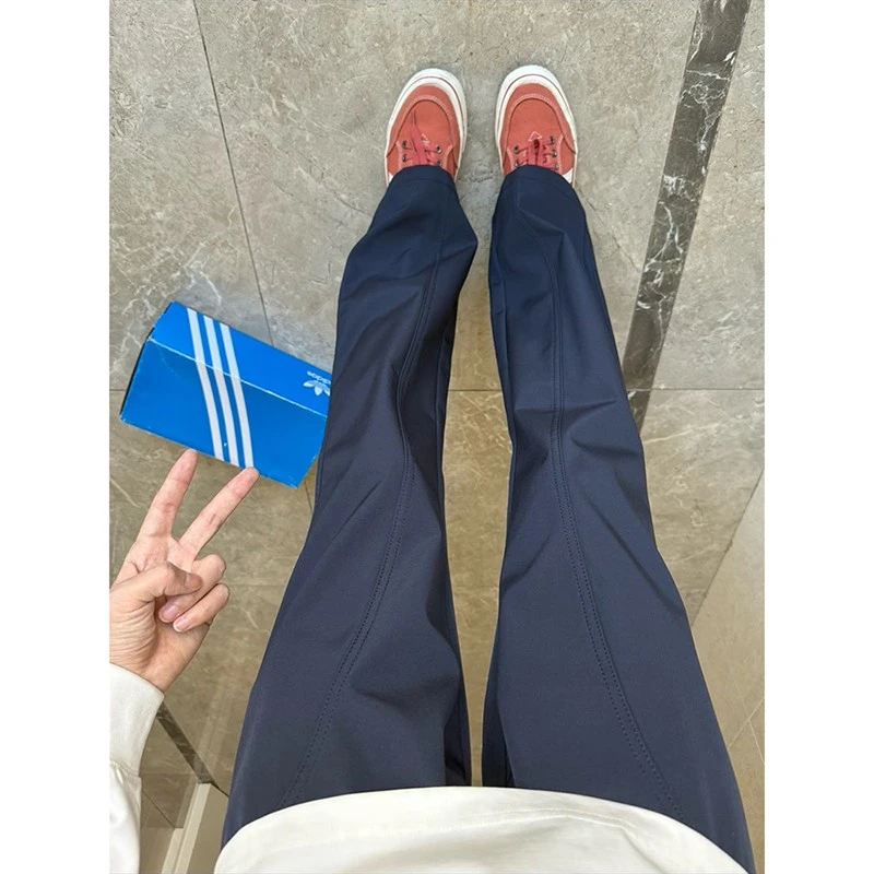 美式街头直筒微喇裤男装秋冬季新款休闲宽松斜切加绒保暖纯色长裤