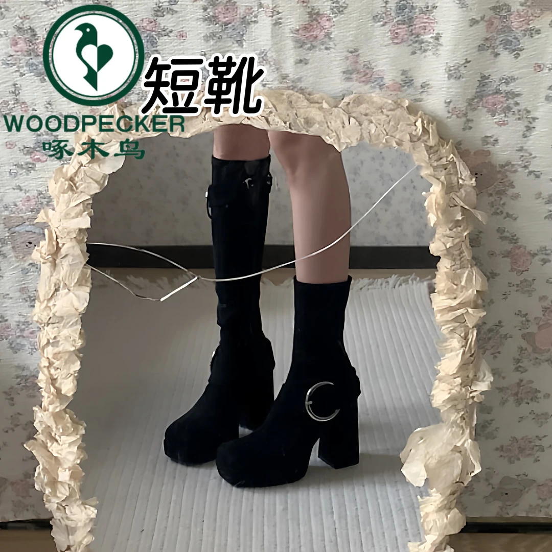 啄木鸟辣妹厚底高跟靴子女2025秋冬新款巨好看高级绒面瘦瘦靴短靴