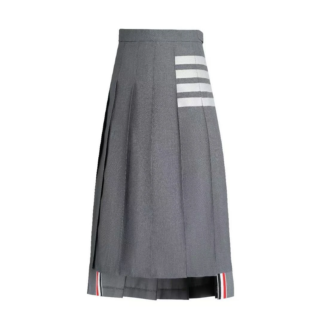 【汤姆奢品】女款-羊毛色织四条文百褶长裙-经典时尚百搭显瘦