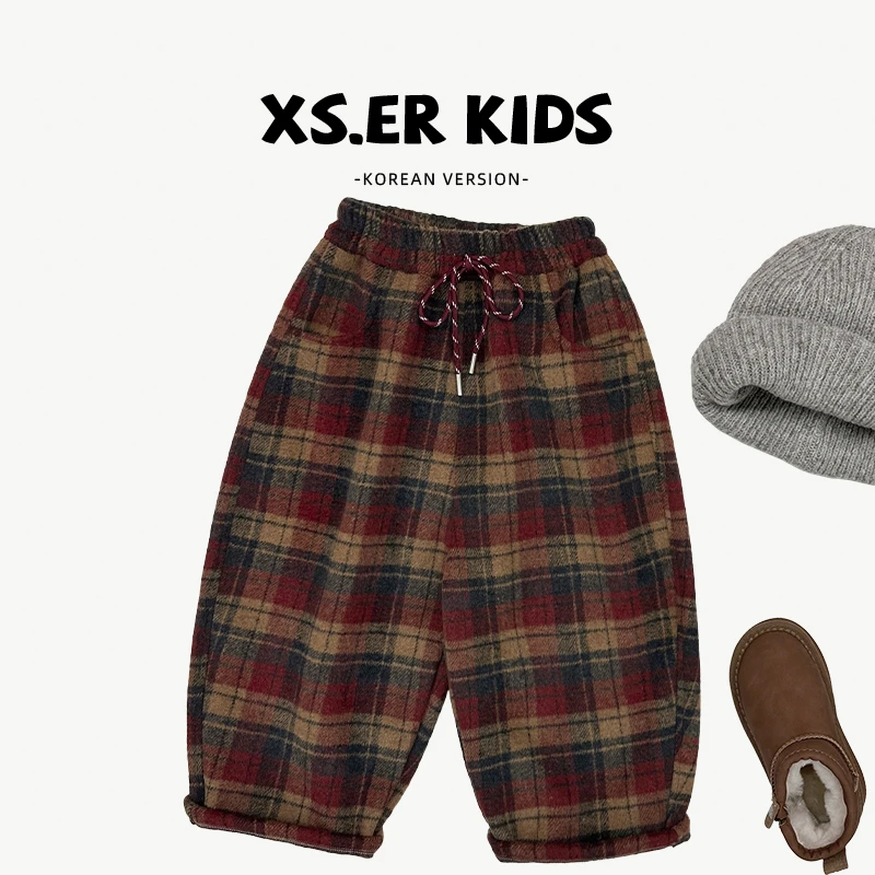 【小饭团】新-1男女童新年款加绒加厚韩版格子裤宽松裤子HBB6599