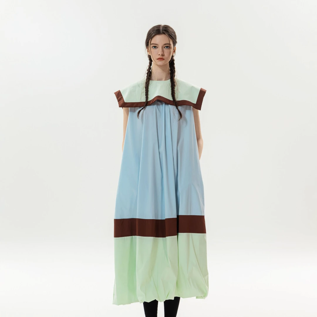 DELCHEN+ 2025春夏 蓝绿拼接大领子无袖连衣裙DC+DY71137