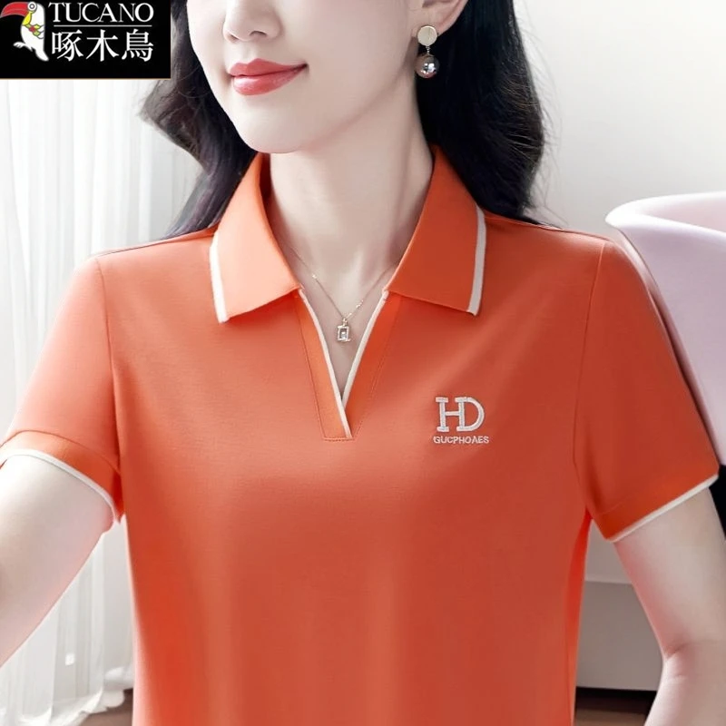啄木鸟正品夏季翻领短袖T恤POLO衫2025年新款刺绣拼色百搭上衣女