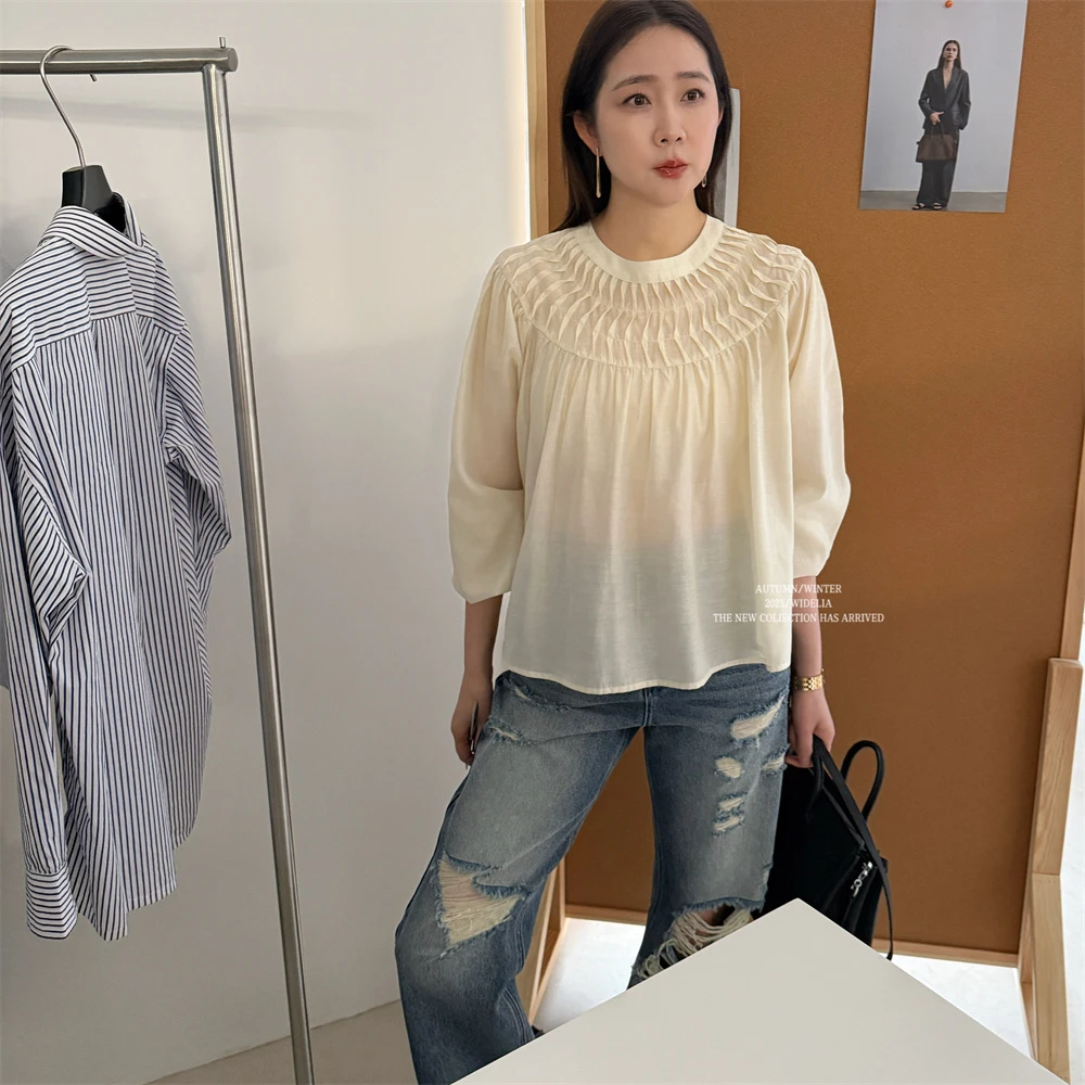 林宝宝圆领衬衫2025百搭简约休闲褶皱女拼接轻职风飞飞袖圆领7066