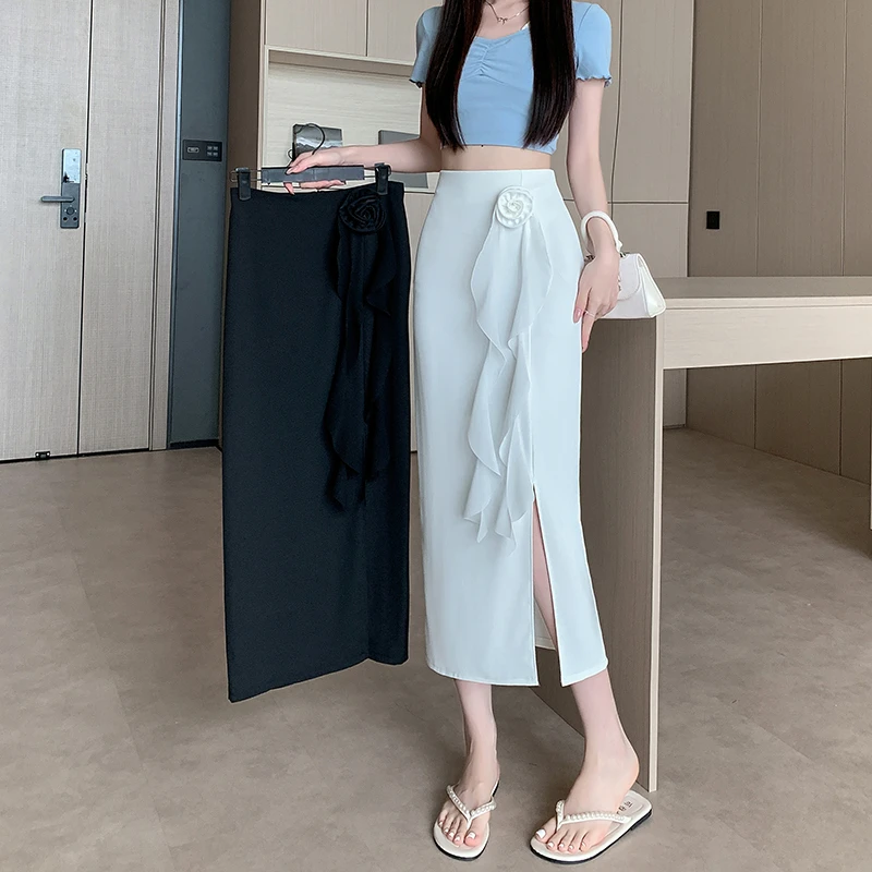 法式立体花朵不规则开叉高腰半身裙2025中长款包臀a字裙