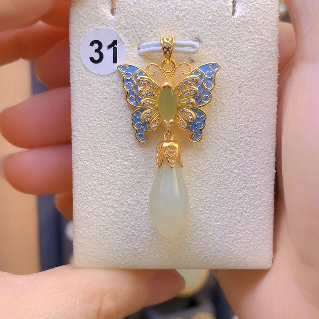 和田玉颈饰银S925镀金镶嵌