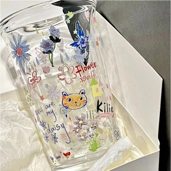 网红同款 涂鸦多巴胺杯翻口玻璃杯 高颜值水杯 家用夏季ins风早餐