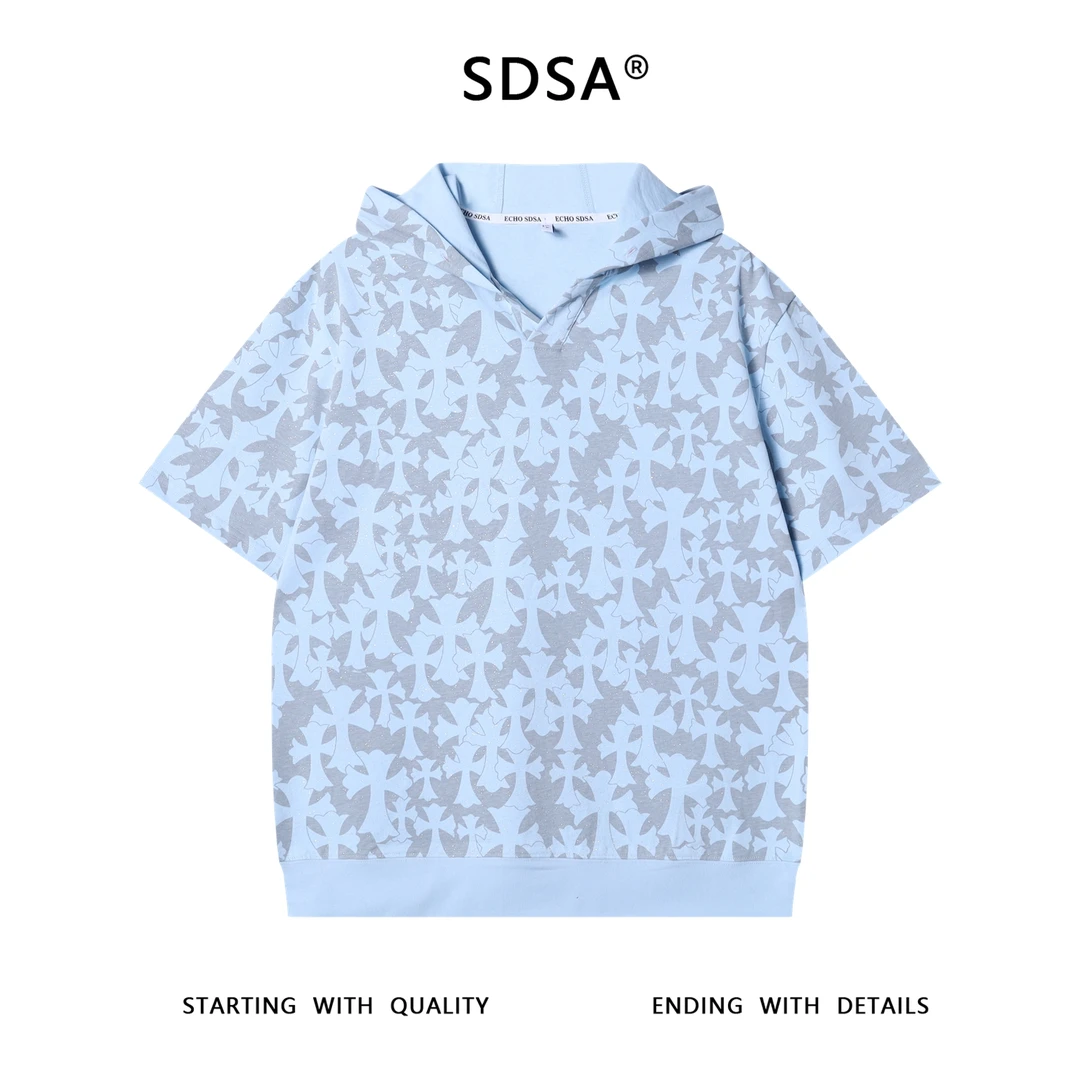 夏季高级感新款男士满天星十字连帽短袖T恤小众设计撞色百搭上衣