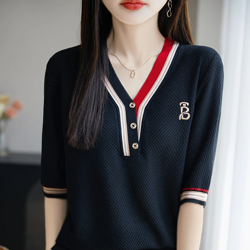 哥弟阿玛施正品新款夏季显瘦针织衫V领上衣短袖撞色刺绣T恤女薄款