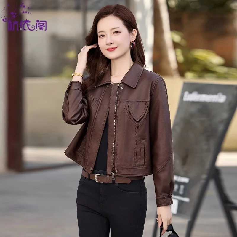 小皮衣外套女短款2025新款春秋气质洋气复古休闲翻领PU皮机车夹克