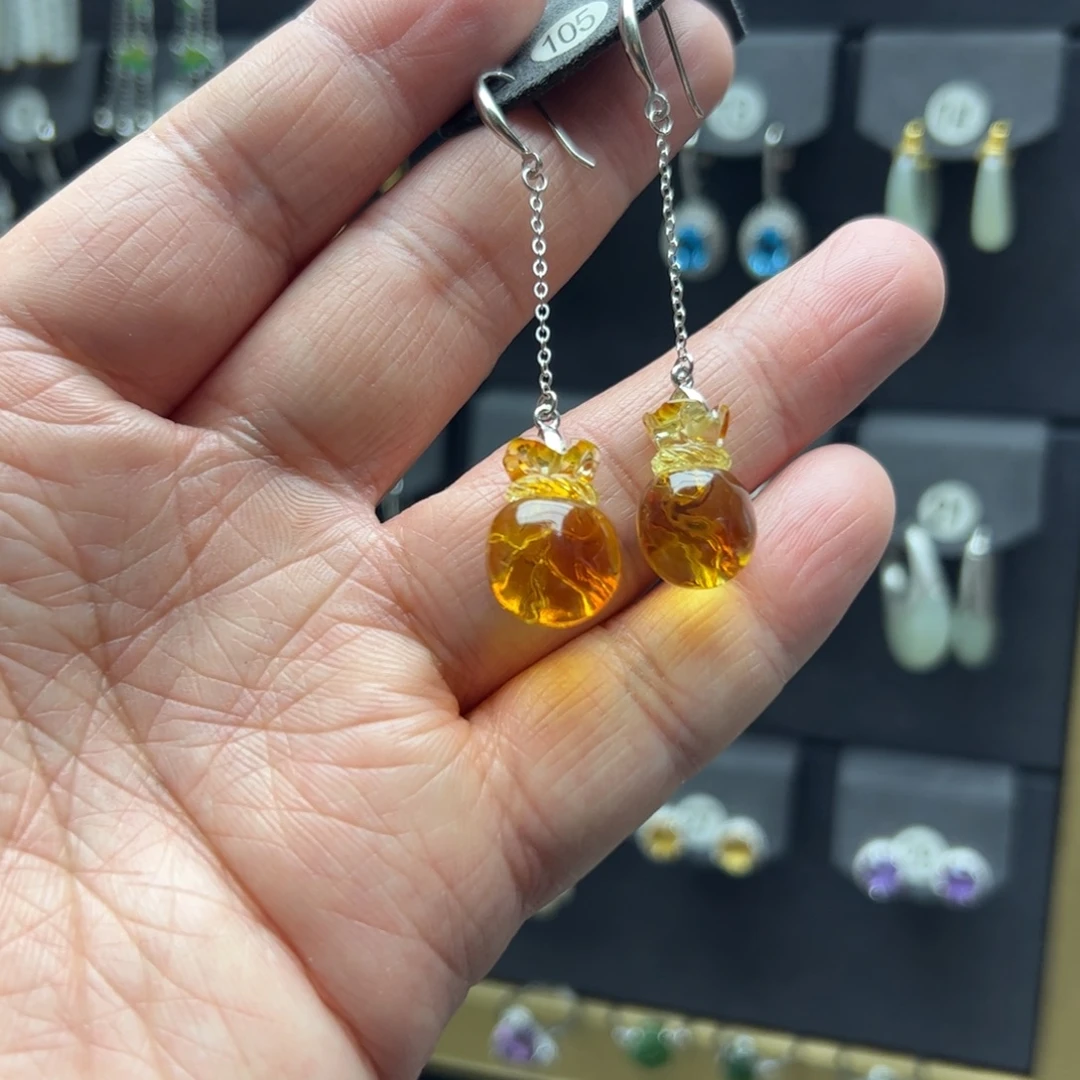 外***啦琥珀银S925镶嵌耳饰