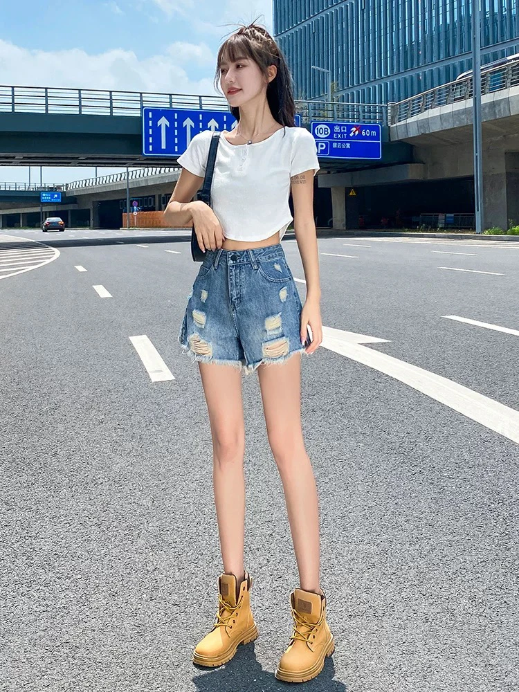 105#薄款夏季高腰短裤宽松直筒热裤阔腿裤海妖风御姐风