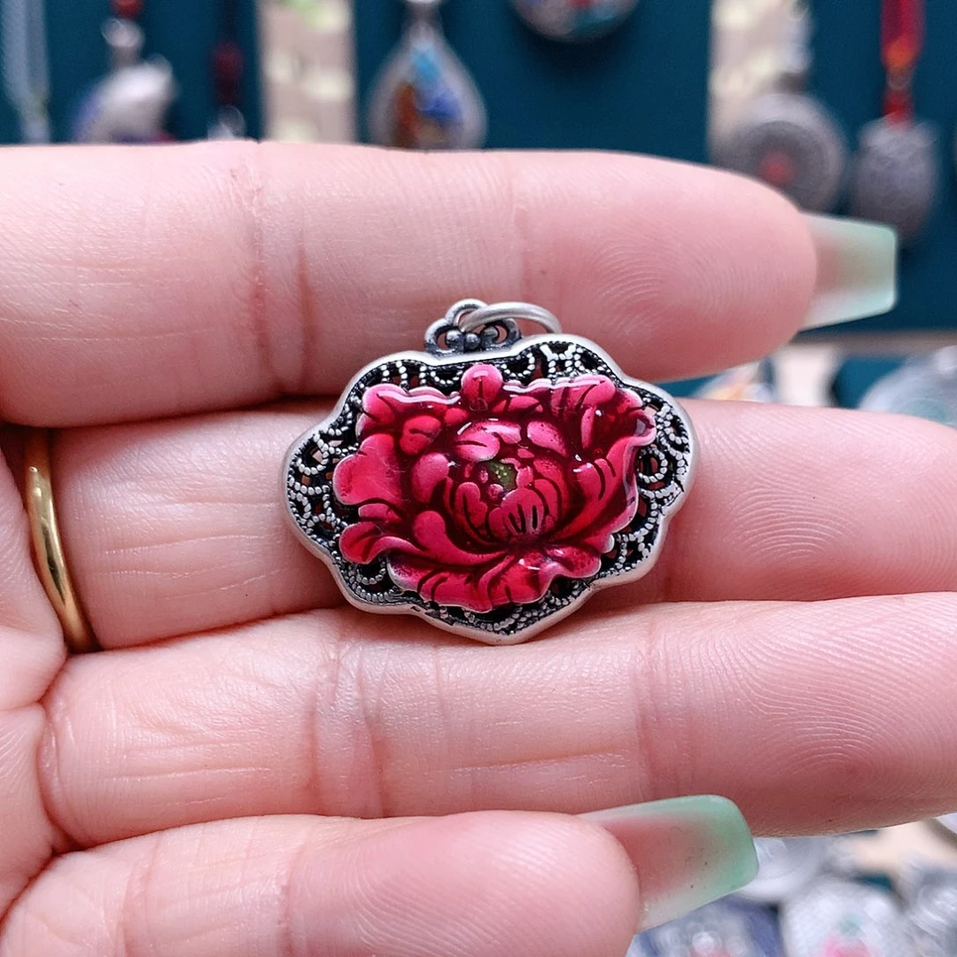 足银玻璃足银牡丹吊坠