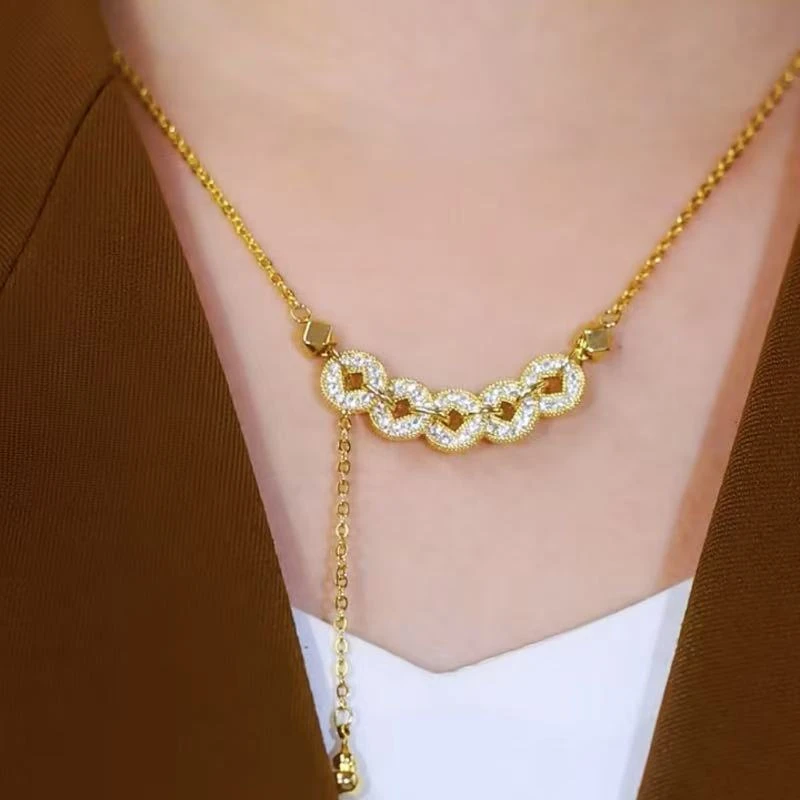 铜合金项链   新中式爆闪碎碎冰五帝钱项链女款精美气质