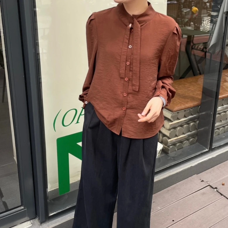 希茜655 韩版飘带小立领纯色衬衫女秋季休闲长袖衫