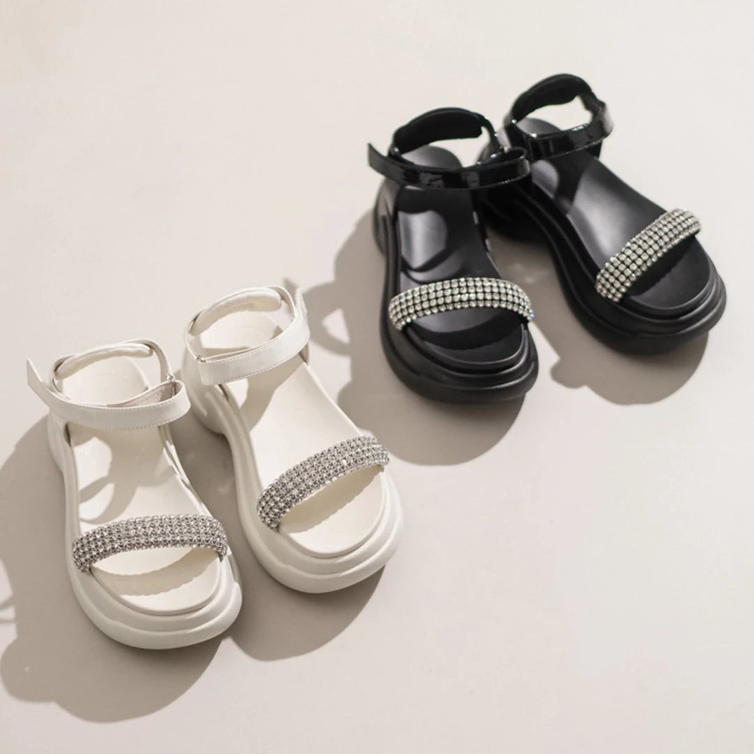 【一字带水钻贴心凉鞋】手工钻条厚底松糕凉鞋女增高6cm 23ZUAI32