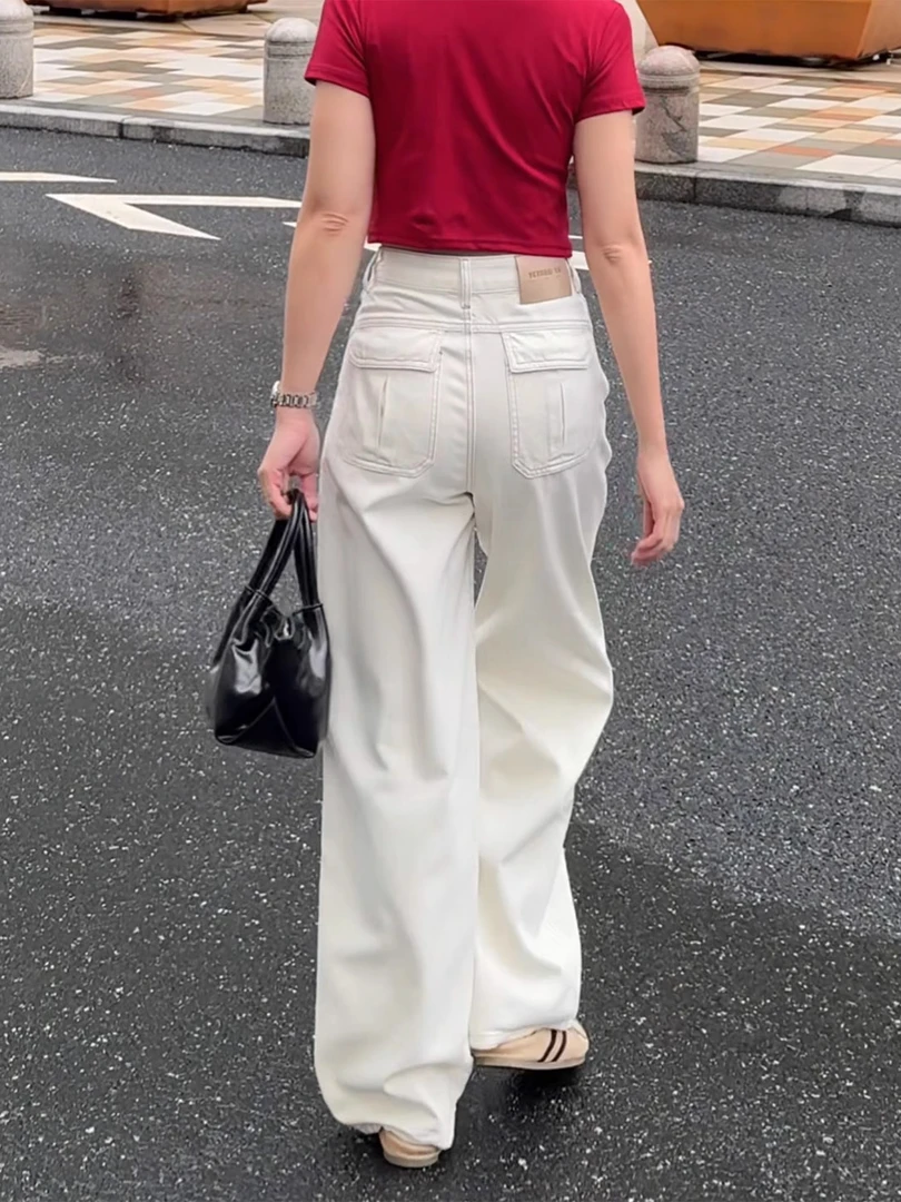 2025新款爆款杏色牛仔裤高腰窄版直筒阔腿裤夏季休闲显瘦百搭宽松