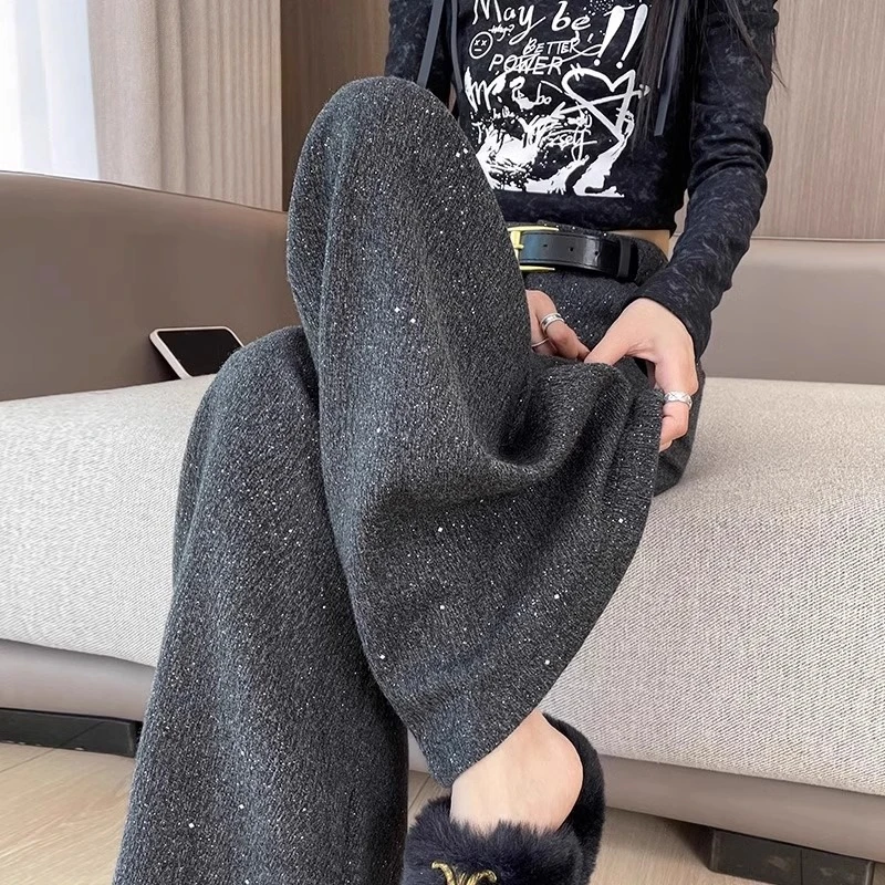 加绒灰色亮片毛呢阔腿裤女秋冬新款加厚高腰直筒休闲高级感西装裤