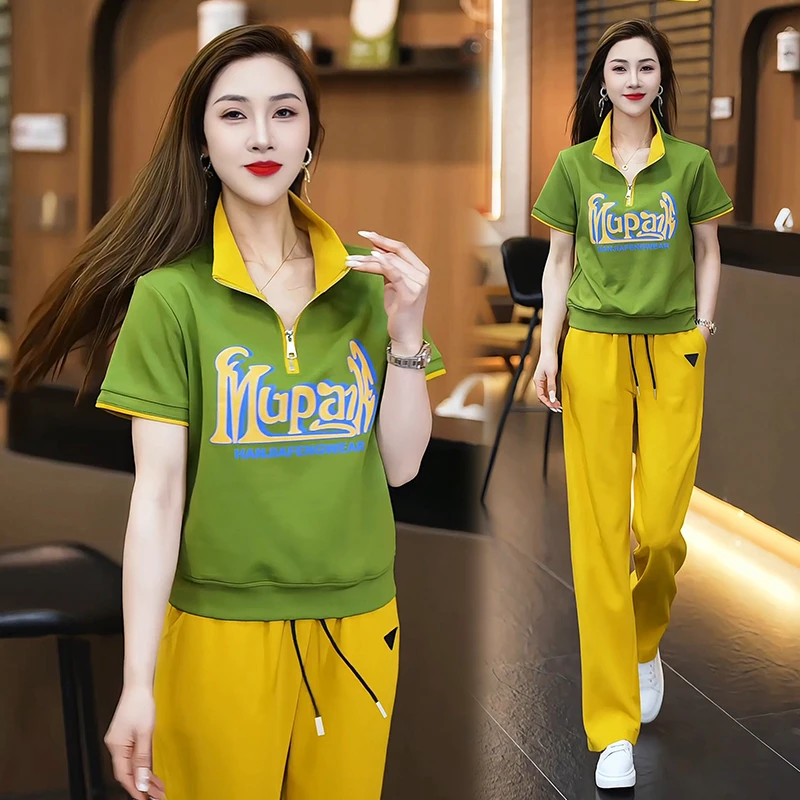 时尚运动休闲套装女2025新款夏季翻领短袖印花拼接减龄长裤两件套