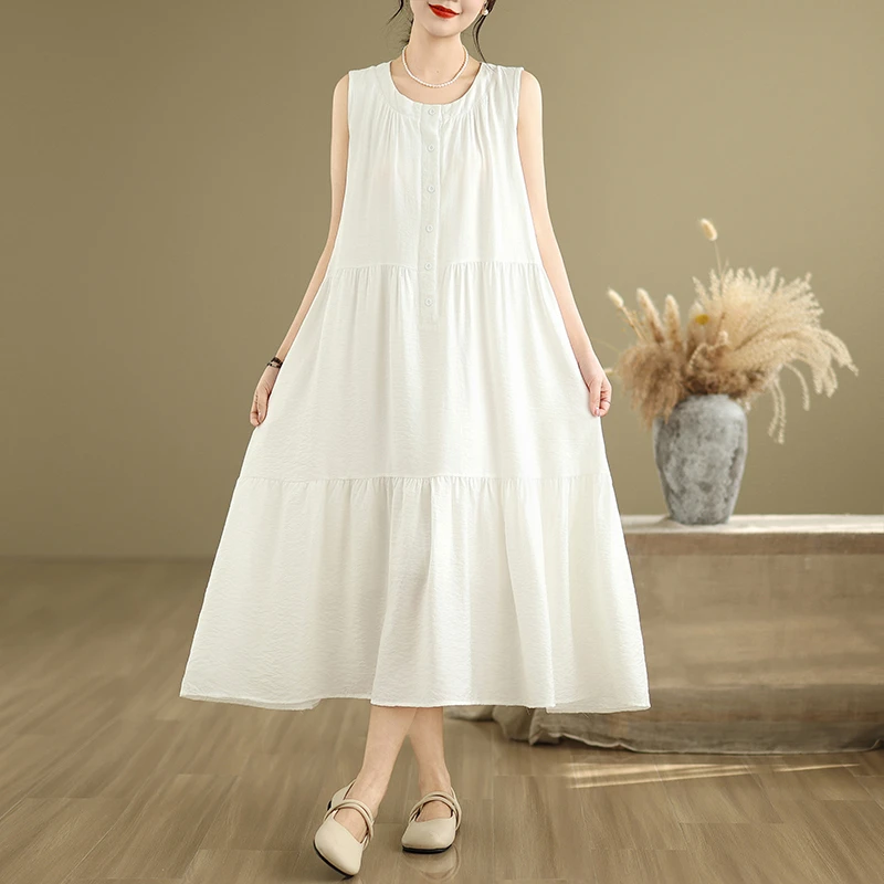 简约棉麻白色裙2025夏季新款文艺范大码宽松蛋糕裙无袖背心连衣裙