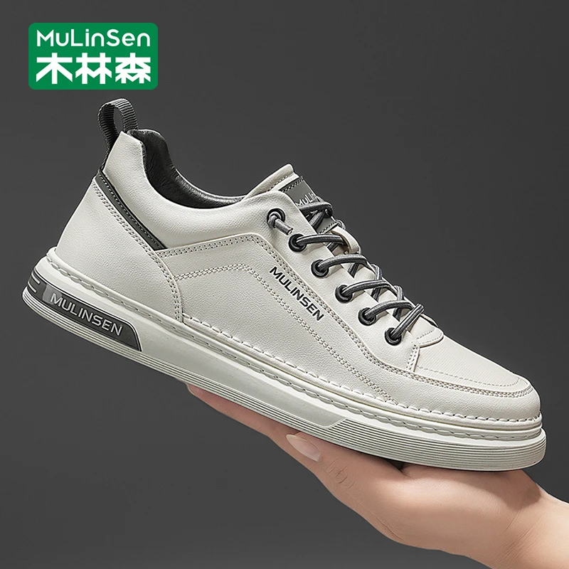 木林森板鞋男款2025新款秋季皮面防水休闲软底一脚蹬运动小白鞋男